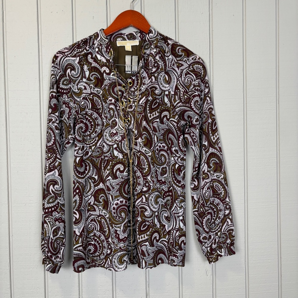 Michael Kors Paisley Print Chain Lace Up Neck Tunic Top Blouse Small